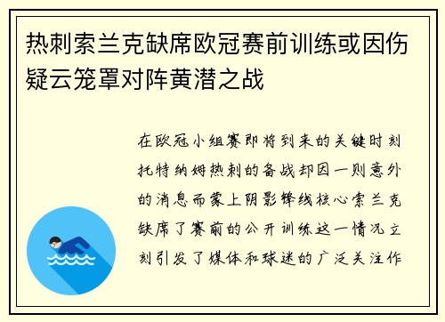热刺索兰克缺席欧冠赛前训练或因伤疑云笼罩对阵黄潜之战